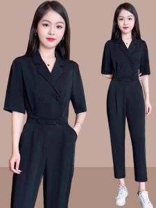 Fashionable Professional Womens Suit Set Casual High Waist Nine-Piece Jumpsuit Korean Style Commute Button Detail Other Fabric