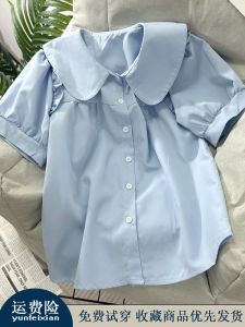 Sweet Style Loose Fit Short Sleeve Doll Collar Shirt for Women Light Blue Wooden Edge Trim Summer Fashion College Style Top