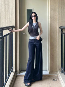 Quần Jeans Ống Rộng Dài Đến Sàn Cạp Cao Cho Nữ Quần Jeans Denim Thường Ngày Có Nút Khóa Khóa Mềm Màu Đen Quần Dài Thường Ngày