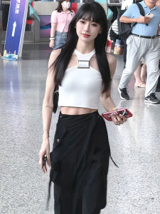 American Retro Asymmetric High Waist Black Split Skirt Mid-Length Design Sensual Girl Bodycon Dress Slimming Effect