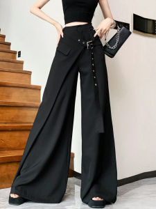 Quần Ống Rộng Không Đối Xứng Cho Nữ Mùa Hè 2025 Quần Ống Đứng Mỏng Màu Đen Xếp Ly Dài Đến Sàn Quần Ống Rộng Thường Ngày