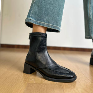 Find First Silent Design Square Head French Slim Boots Womens Chunky High Heel Short Boots Commute Elastic Boots
