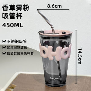 2024 New Womens High Aesthetic Glass Straw Cup Office Coffee Cup Home Water Cup Heat Resistant Tea Cup Trendy Cool Style