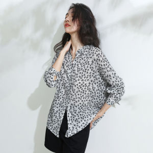Miccbeirn | Lanrege 100% Tencel Floral Print Loose Fit Cool Feeling French Vintage Style Artistic Shirt Top Long Sleeve Button Up Casual Wear