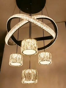 LED Chandelier Crystal Pendant Light for Bedroom Living Room Dining Stairs Sala Kwarto Decorative Hanging Light Tricolor Hotel Decorative Drop Light