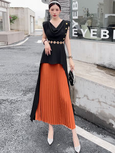 Elegant Slimming Long French Casual Dress Stylish Pleated Design Summer New Arrival Womens Fashionable V-neck Sleeveless Gown