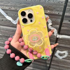 Cute Pink Polka Dot Flower Smiley Face Protection Case for iPhone 16 pro Max Apple 15 pro Mobile Phone Cover 16 Stand 14 Chain 15 pro Max Girl 13 pro Korean Style Anti-Fall Protective Cover