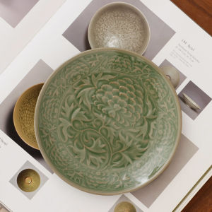 Yaozhou Kiln Blue Porcelain Olive Glaze Original Mine High Temperature Printing Peony Pattern Snack Plate Fruit Dried Fruit Dish Home Use Dish Plate