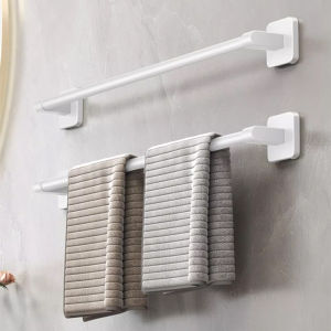 White Wall-Mounted Towel Rack Single Rod Bathroom Tool Set No Drilling Required Kitchen Cleaning Tools Hanging Bathroom Accessories