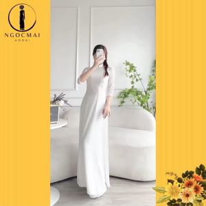 Áo dài học sinh áo dài trắng kem dáng ôm vải áo lụa mỹ trơn cổ cao 2 phân tay lỡ - Áo dài Ngọc Mai
