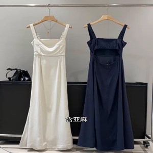 Váy Mùa Hè Vải Lanh Cotton Cổ Điển Cho Nữ Váy Hở Lưng Váy Chữ A Váy Dài Váy Không Tay Váy Cổ Vuông Váy Dài Vừa Phải