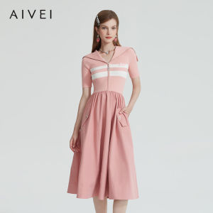 Aivei Summer New Sporty Knitted Dress Half Zipper Naval Collar Intellectual Design High Waist Midi Skirt Short Sleeve Womens Dress