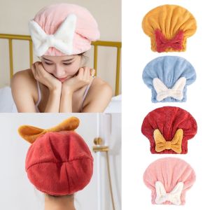 Cute Bowknot Coral Velvet Quick Drying Hair Cap Microfiber Absorbent Head Wrap Towel Thickened Elastic Shower Cap Women Dry Hair Hat Bathroom Accessories