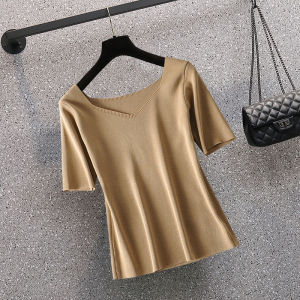Summer New plus Size Womens Knitted Ice Silk Shirt Cover Belly Set Pants Square Collar Fashionable French Style plus Size Sister
