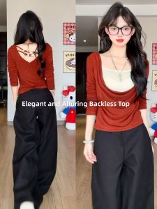 LIRUSHAN | Autumn Winter American Hot Girl Style Faux Two-Piece Red Womens T-shirt