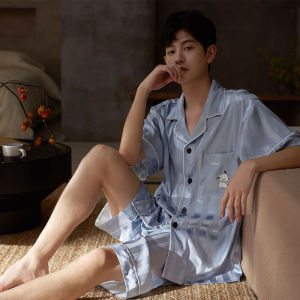 miiow | Ice Silk Sleepwear Couple Style Short Sleeve Shorts Home Clothes Mens Breathable Lightweight Summer Comfortable Polyester Blend