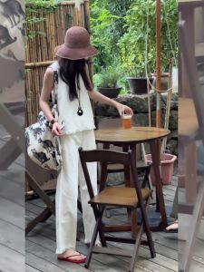 QFN | Elegant Stylish White Cotton-Linen Jacket and Pants Set