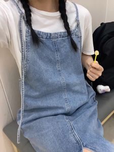 Plus Size~S-5XL Overalls Long Suspender skirt Denim jeans Dress baggy loose MIDI High Waist A-line Korean Women HOT