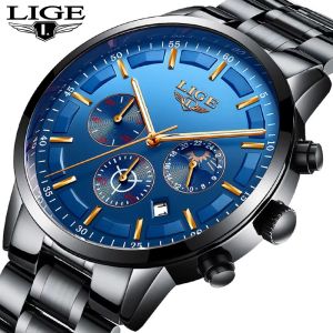 LIGE Men Quartz Watch Luxury Sports Waterproof Chronograph Luminous Date Man Wristwatch Business Mens Watches Clock+Gift Box