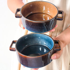 Ceramic Bowl with Ears Small Soup Bowl Dining Bowl Prevent Scalding Egg Steamed Vegetable Bowl Double Ears Microporosity