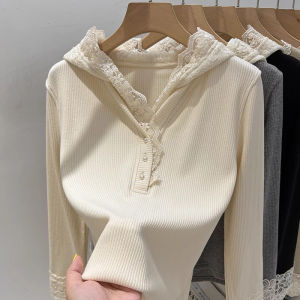 WANGGONGZHU | Lace Patchwork Hooded Long Sleeve T-Shirt Womens Spring Autumn Fashion Design Sense Stylish Brushed Base Shirt Korean Style Slim Fit Pure Color