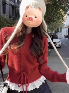 Red Knitted Sweater Womens Winter Sweet Style Design Edge Lace Belt Long Sleeve Base Shirt Top New Years Fashion Korean Loose Fit