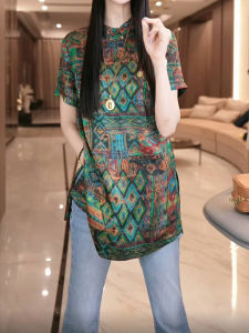 Shalldoer | Áo sơ mi nữ tay ngắn cổ đứng in họa tiết phong cách Trung Hoa mới thời trang mùa hè cao cấp đa năng Áo sơ mi dài vừa phải