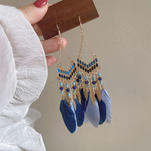 Blues Long Flow Su Xianqi Feather Non-Piercing Ear Clip Travel Photos Holiday Yunnan Earrings Slim Looking Eardrop Jewelry