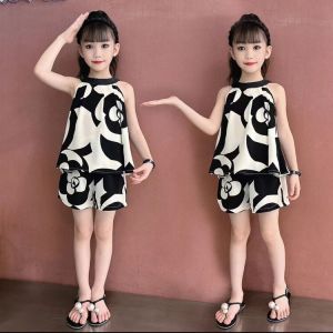 ชุดเดรสผ้าชีฟองแฟชั่นฤดูร้อนสำหรับเด็กผู้หญิง ชุดสองชิ้น ทรงบาง เดรสยาวปานกลาง ชุดฤดูร้อน ผ้าโพลีเอสเตอร์ ปกติ