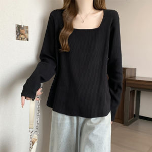 Plus Size Womens Clothing for Fat Girls Recommend ~ Casual Belly Covering Square Collar Knitwear Womens Loose Slim Looking Bottoming Shirt