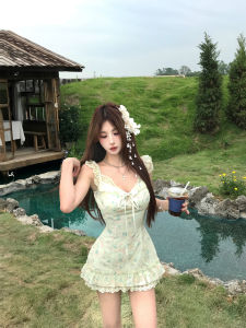 Mejiu Honey Nine Sweet Fresh Floral Print Lace Dress Womens Summer Gown Cotton High Waist A-Line Skirt V-Neck Sleeveless