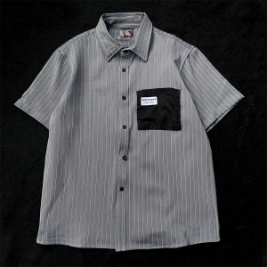 Summer Grey Blue Striped Short Sleeve Mens Shirt Color Block Patchwork Casual Fashion Lightweight Fresh Style Youth Popularity