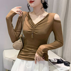 YIMEI Áo Thun Cổ Chữ V Mùa Thu Mới 2022 Áo Nữ Tay Dài Đính Hạt Thủ Công Hở Vai Lưới Ôm Sát Thời Trang Hợp Thời Trang