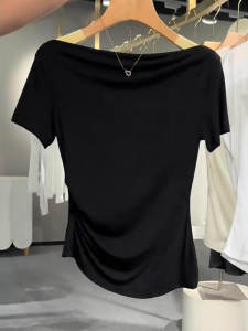 Asymmetric Design Ice Silk One Shoulder Short Sleeve T-Shirt Womens Black Summer New Style Commute Style Slim Fit Classic Pattern