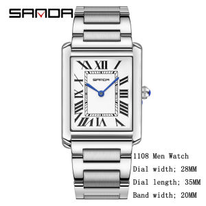 SANDA Men Women Quartz Watch Roman Numeral Square Stainless Steel Leather Wristwatch Casual Lovers Water Resistant Ladies Watch