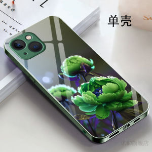 Ultra-Thin Glass Phone Case for Apple 13 Anti-Slip Peony Flower Design Soft Edge Ladies Favorite Spring Autumn Winter Model Shell