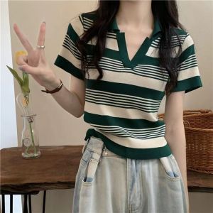 Striped Polo Collar Short-sleeved T-shirt Womens Summer Design Niche Casual Slim Short Top