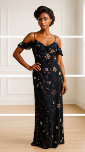 เดรสยาวสีดําลายดอกไม้ (Midnight Bloom Elegance Dress)_SecondhanD_SP091