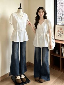 AIYITI | Elegant Waist Slimming Tunic White Short-sleeve Shirt