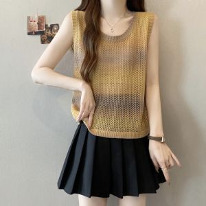 AIYITI | French Vintage Sleeveless Knitted Vest Hollow Out Thin Summer Top For Plus Size Women Commute Style Loose Fit Regular Length