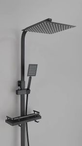 304 Stainless Steel 4 In 1 Hot And Cold Matte Black Rain Shower Set Bathroom Home Rainfall Shower Full Set With Storage Shelf