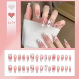 DD267 การออกแบบใหม่ เล็บปลอมยาว ประดับเพชร เล็บปลอมเจลแท้ การออกแบบกันน้ำ กล่องละ 24 ชิ้น
