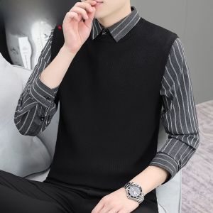 HENGYUANXIANG | Hengyuanxiang Mens Knitted Sweater With Shirt Collar Fake Two-Piece Striped Base Layer Loose Fit Long Sleeve Casual Fashion