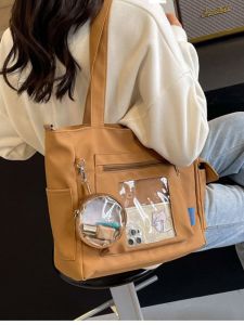 Large Capacity Canvas Tote Bag Waterproof Korean Style Shoulder Crossbody Bag with Outer Transparent Pocket for Women