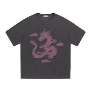 Empty Reference American Retro Hand-drawn Dragon Pattern round Neck Short Sleeve T-shirt Cotton Casual Summer Tee for Youth