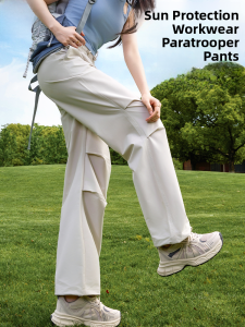 miiow | High Waist Draped Utility Pants Women Summer 2025 New American Casual Sport Sun Protection Wide Leg Pants Waterproof Polyester Fiber