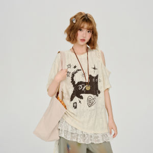 Giryhalo | American Vintage Cat Print Off-Shoulder Loose Womens Short Sleeve T-shirt