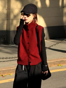 Red Angora Knitted Vest Korean Style Layering High Collar Sweater Top Trendy plus Size Womens Fashion Commute Straight Cut