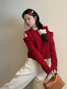 BINKAFENNY | Red Shoulder-baring Knitwear Womens Short Wool Base Shirt Inner Wear Autumn Fashion 2025 New Style Korean Commute Style