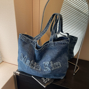 Original Design Letter Print Denim Tote Bag Womens Commuter Handbag Work Shoulder Bag Soft Cotton Canvas Zipper Closure
